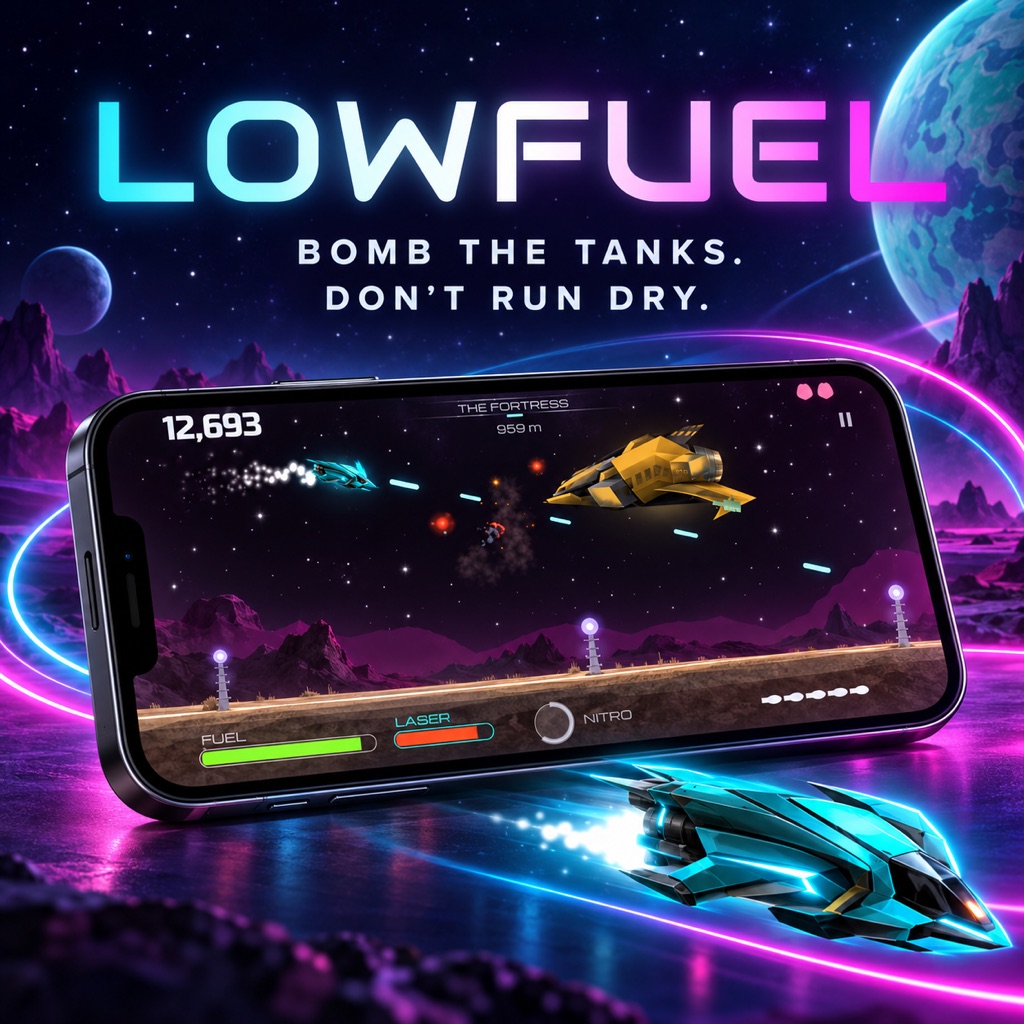 LOWFUEL - neon retro space shooter for iPhone and iPad, bomb the tanks and don't run dry
