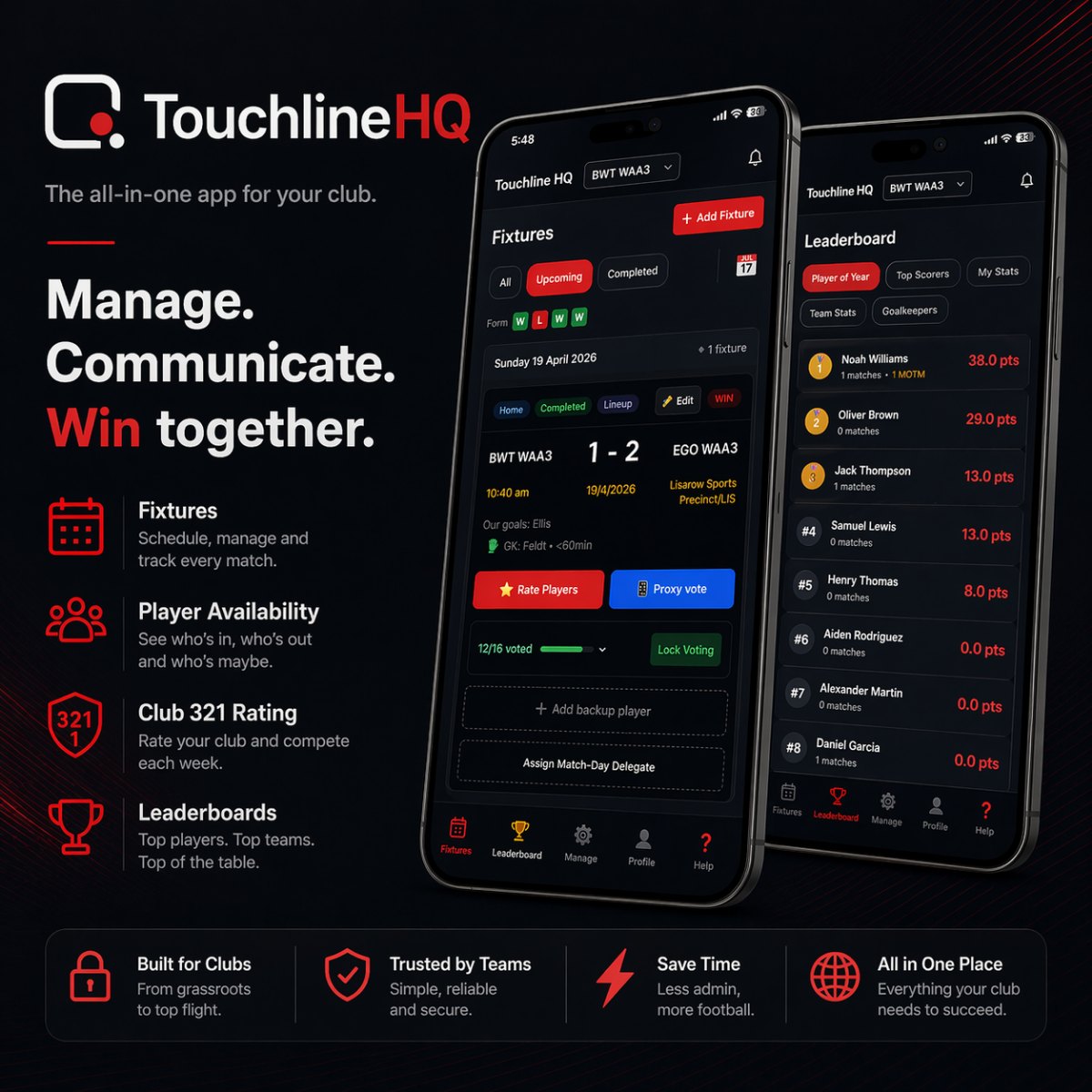 Touchline HQ - football club management app for fixtures, ratings and lineups